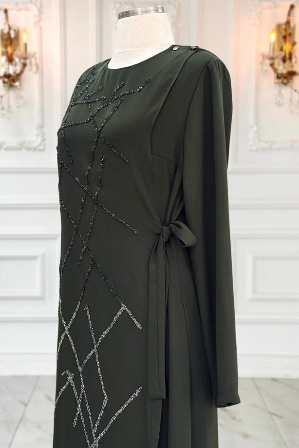 Vêtements hijab KAKI ROBE DE SOIRÉE AVEC BIJOU T 3331 - TRENDTESETTÜR