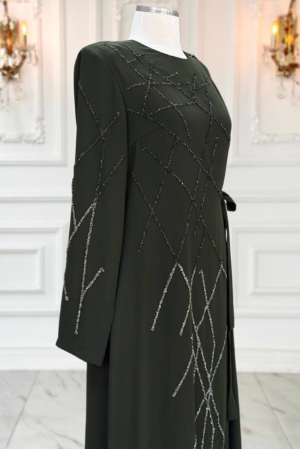 Vêtements hijab KAKI ROBE DE SOIRÉE AVEC BIJOU T 3331 - TRENDTESETTÜR