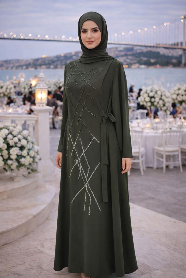 Vêtements hijab KAKI ROBE DE SOIRÉE AVEC BIJOU T 3331 - TRENDTESETTÜR