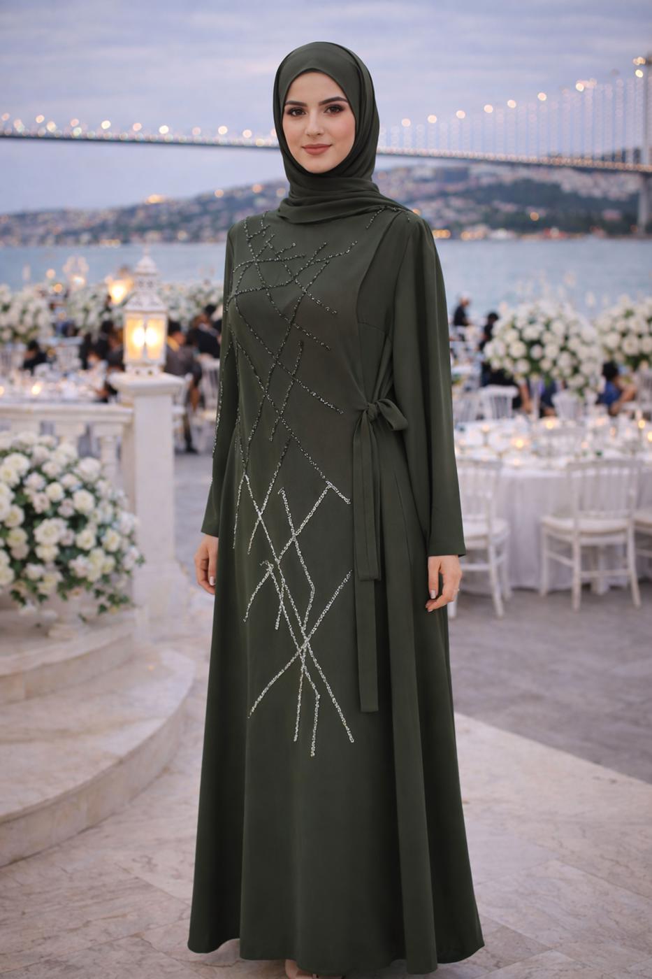 Vêtements hijab KAKI ROBE DE SOIRÉE AVEC BIJOU T 3331