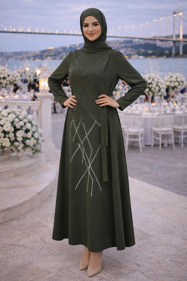 Vêtements hijab KAKI ROBE DE SOIRÉE AVEC BIJOU T 3331 - TRENDTESETTÜR