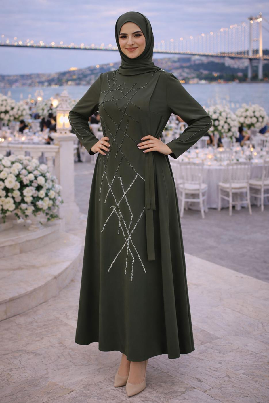 Vêtements hijab KAKI ROBE DE SOIRÉE AVEC BIJOU T 3331