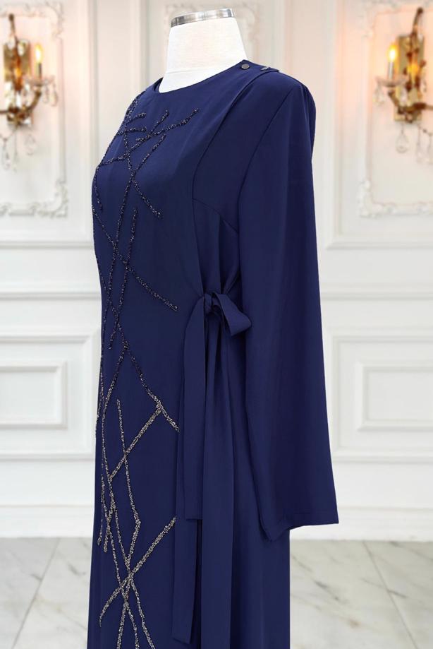 Vêtements hijab BLEU MARINE ROBE DE SOIRÉE AVEC BIJOU T 3331 - TRENDTESETTÜR