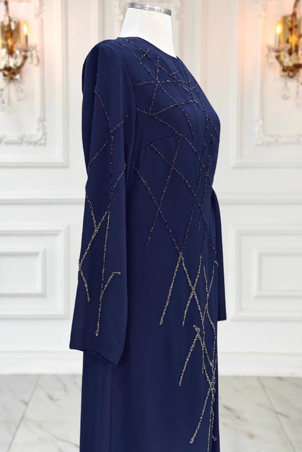 Vêtements hijab BLEU MARINE ROBE DE SOIRÉE AVEC BIJOU T 3331 - TRENDTESETTÜR
