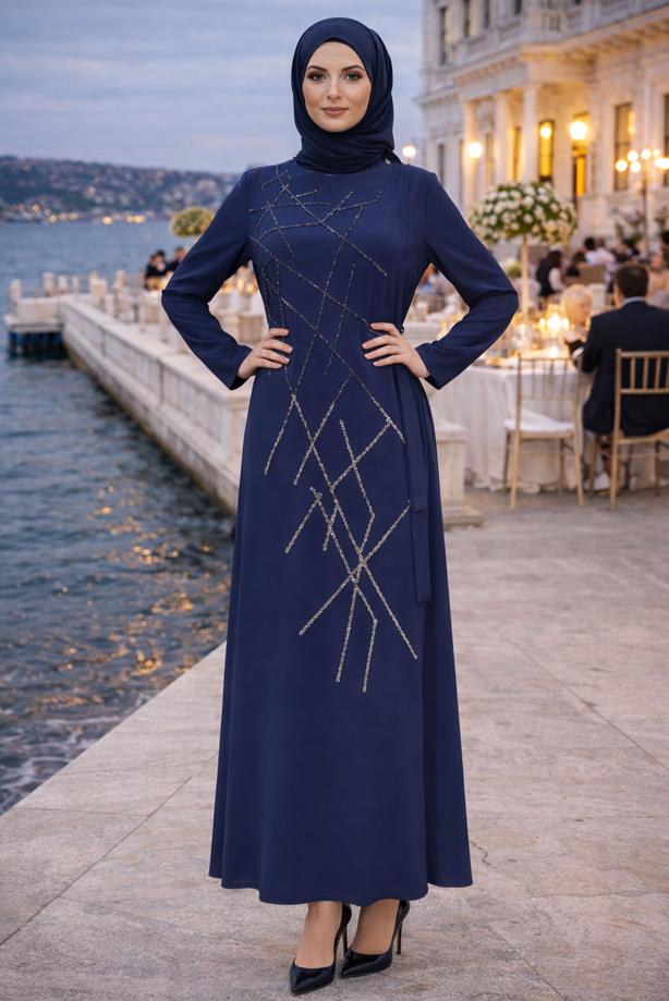 Vêtements hijab BLEU MARINE ROBE DE SOIRÉE AVEC BIJOU T 3331 - TRENDTESETTÜR