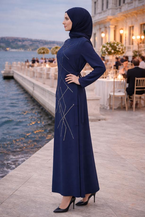 Vêtements hijab BLEU MARINE ROBE DE SOIRÉE AVEC BIJOU T 3331 - TRENDTESETTÜR