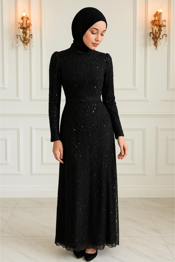 Vêtements hijab NOIR ROBE DE SOIRÉE AVEC PERLES T 4163 - TRENDTESETTÜR