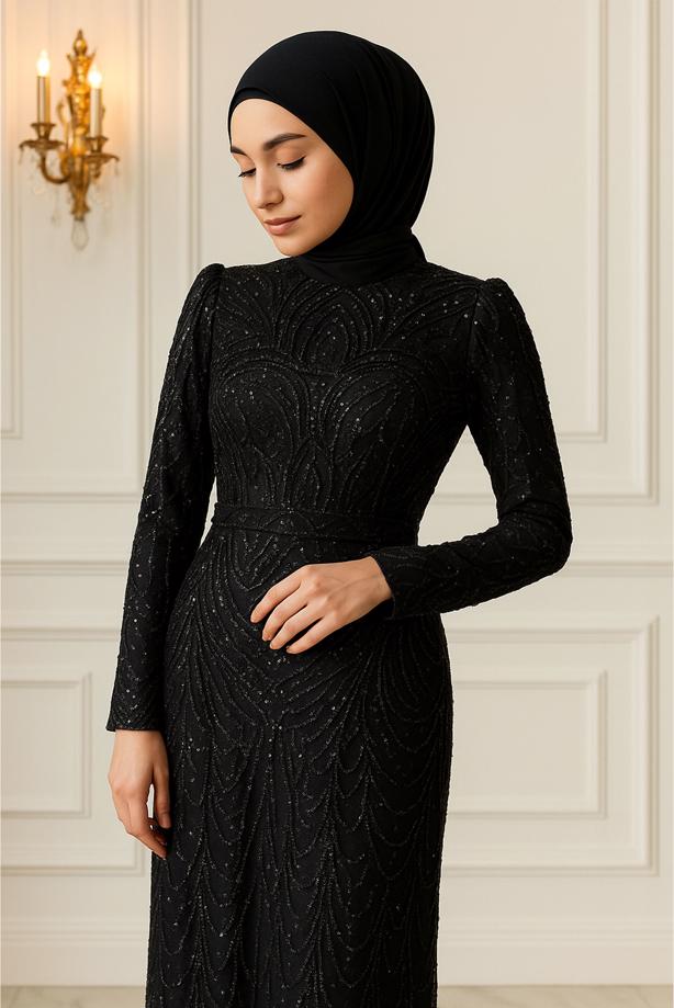 Vêtements hijab NOIR ROBE DE SOIRÉE AVEC PERLES T 4163 - TRENDTESETTÜR