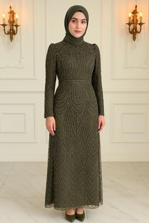Vêtements hijab KAKI ROBE DE SOIRÉE AVEC PERLES T 4163 - TRENDTESETTÜR