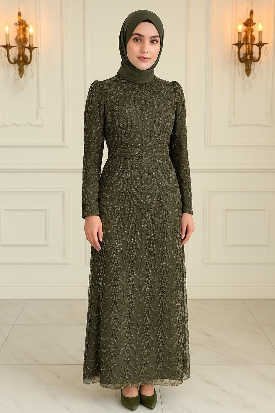 Hijab clothing KHAKI EVENING DRESS WITH BEAD T 4163