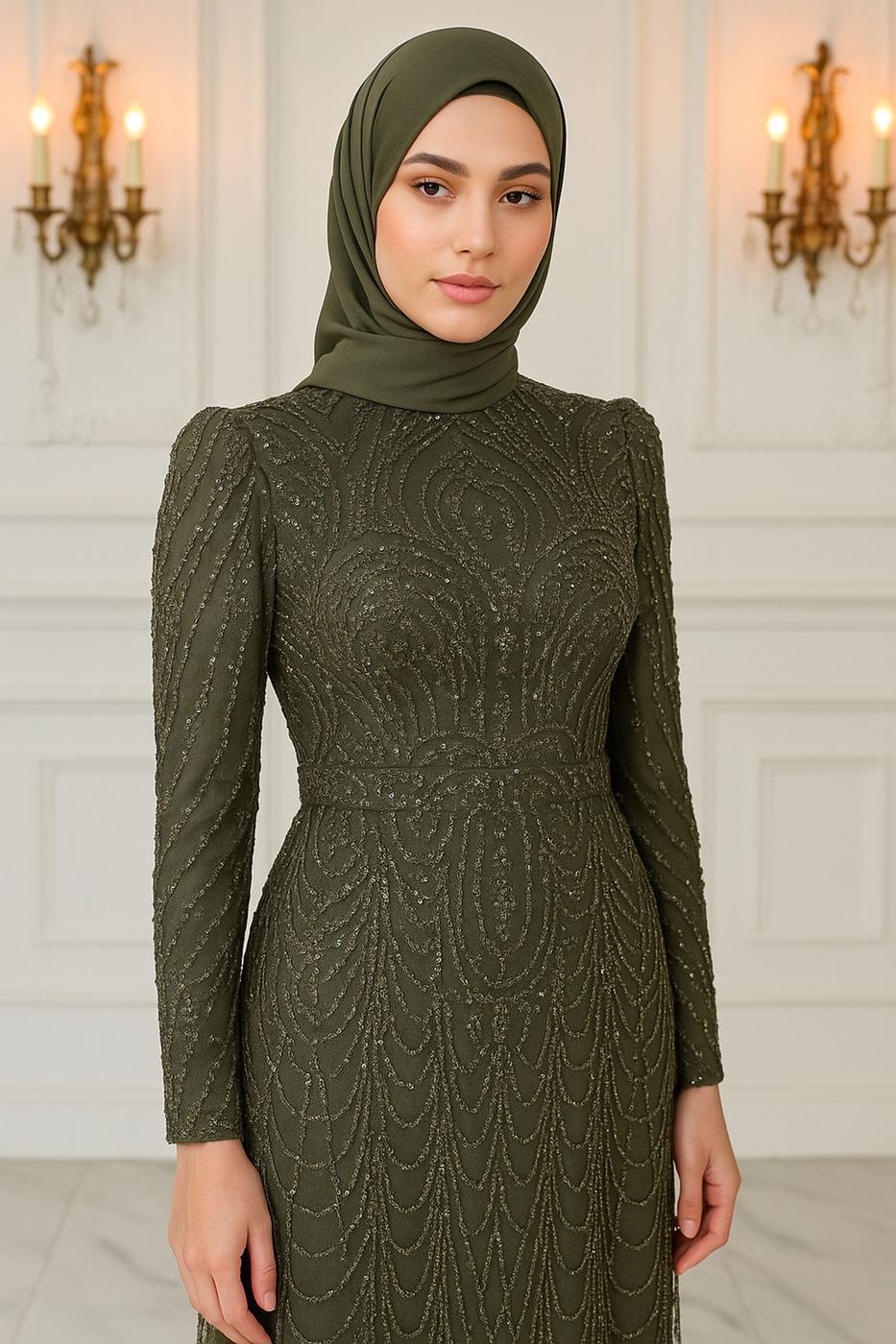 Hijab clothing KHAKI EVENING DRESS WITH BEAD T 4163