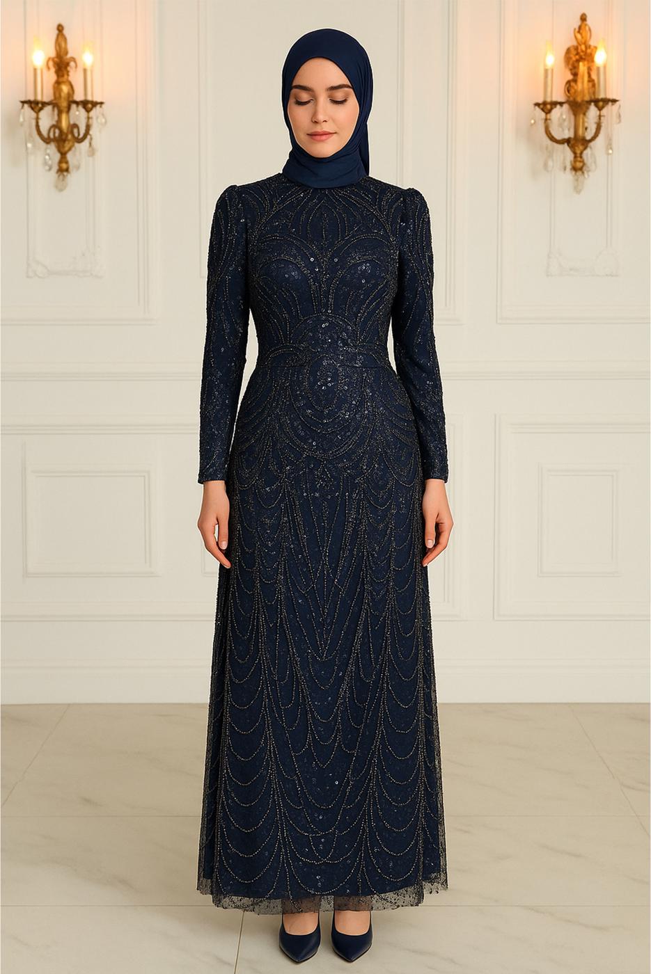 Hijab clothing NAVY BLUE EVENING DRESS WITH BEAD T 4163