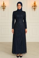 Hijab clothing NAVY BLUE EVENING DRESS WITH BEAD T 4163