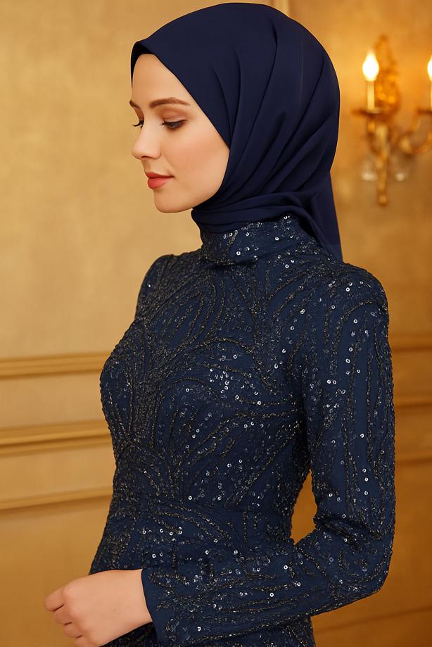 Vêtements hijab BLEU MARINE ROBE DE SOIRÉE AVEC PERLES T 4163 - TRENDTESETTÜR