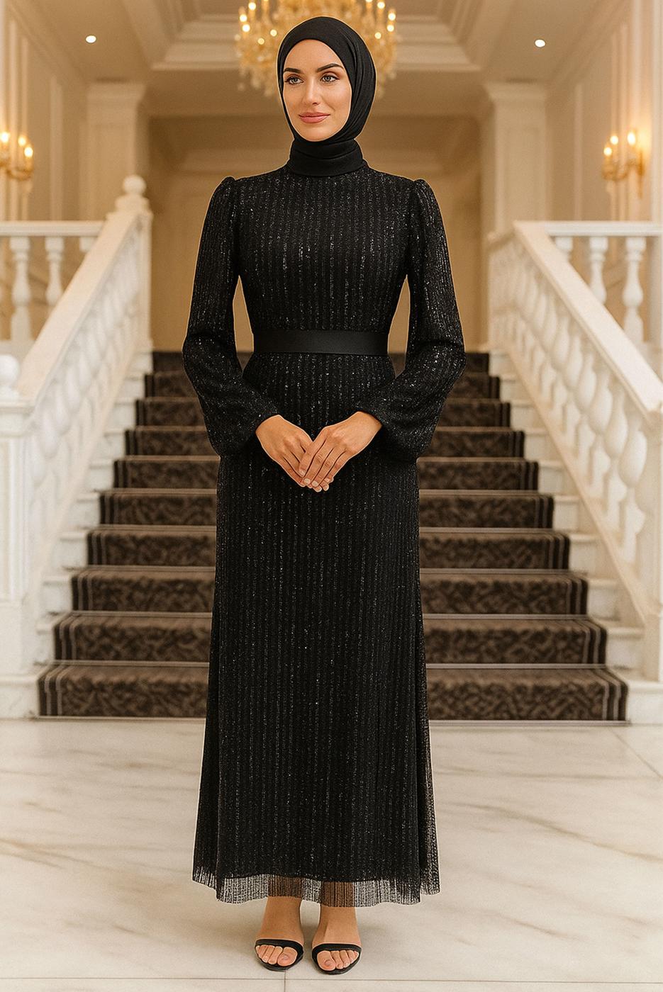 Tesettür giyim SİYAH PUL PAYETLİ ABİYE ELBİSE T 5063