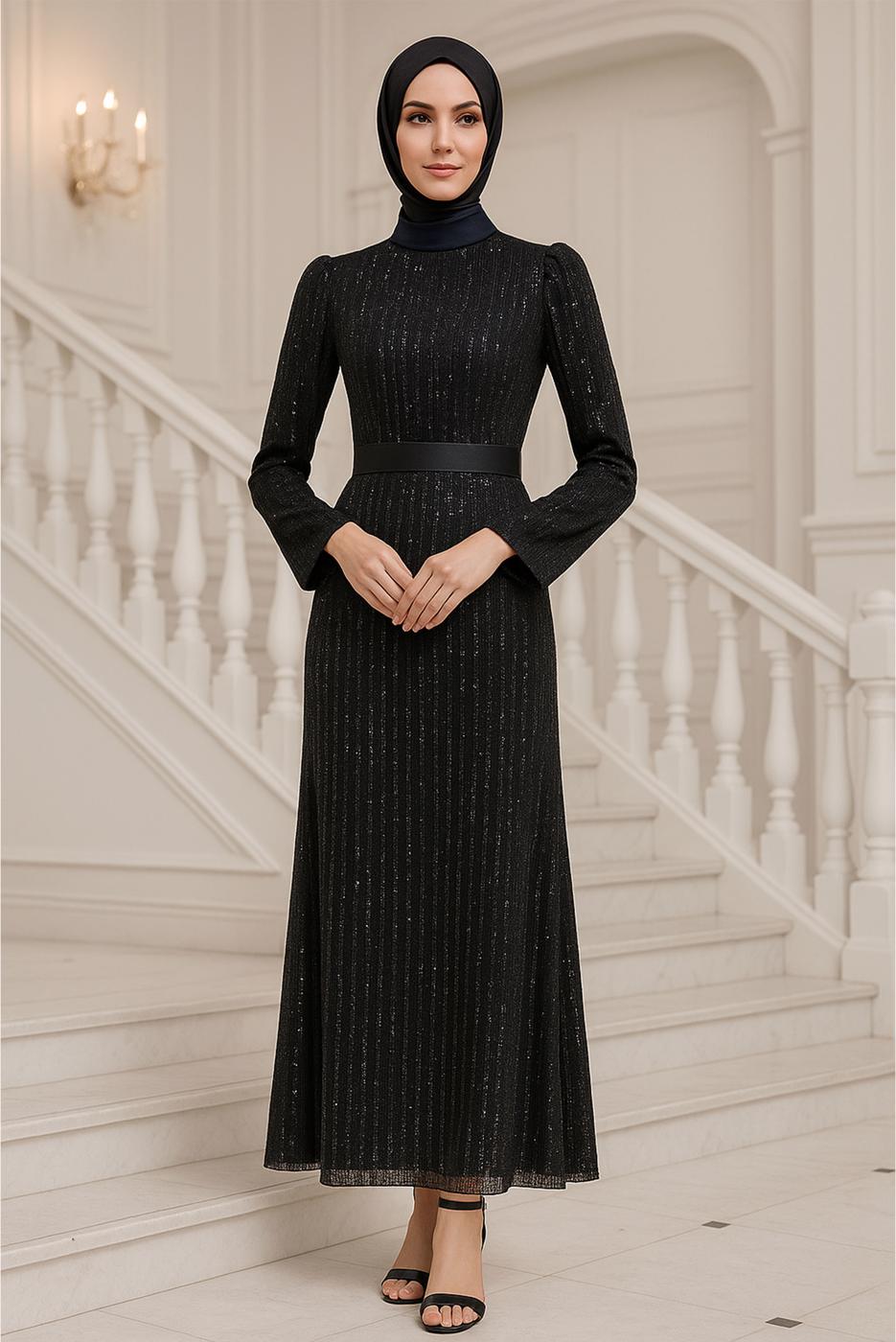 Tesettür giyim SİYAH PUL PAYETLİ ABİYE ELBİSE T 5063