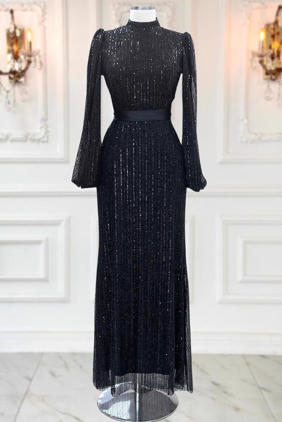 Tesettür giyim SİYAH PUL PAYETLİ ABİYE ELBİSE T 5063