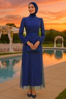 Tesettür giyim LACİVERT PUL PAYETLİ ABİYE ELBİSE T 5063