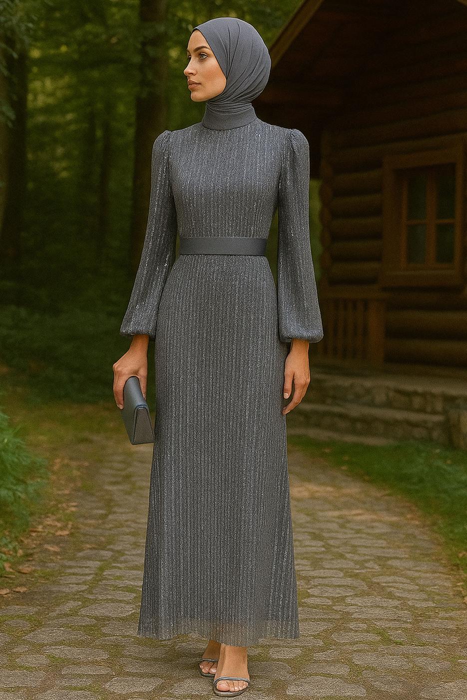 Tesettür giyim GRİ PUL PAYETLİ ABİYE ELBİSE T 5063