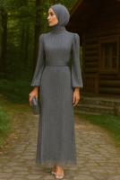 Tesettür giyim GRİ PUL PAYETLİ ABİYE ELBİSE T 5063