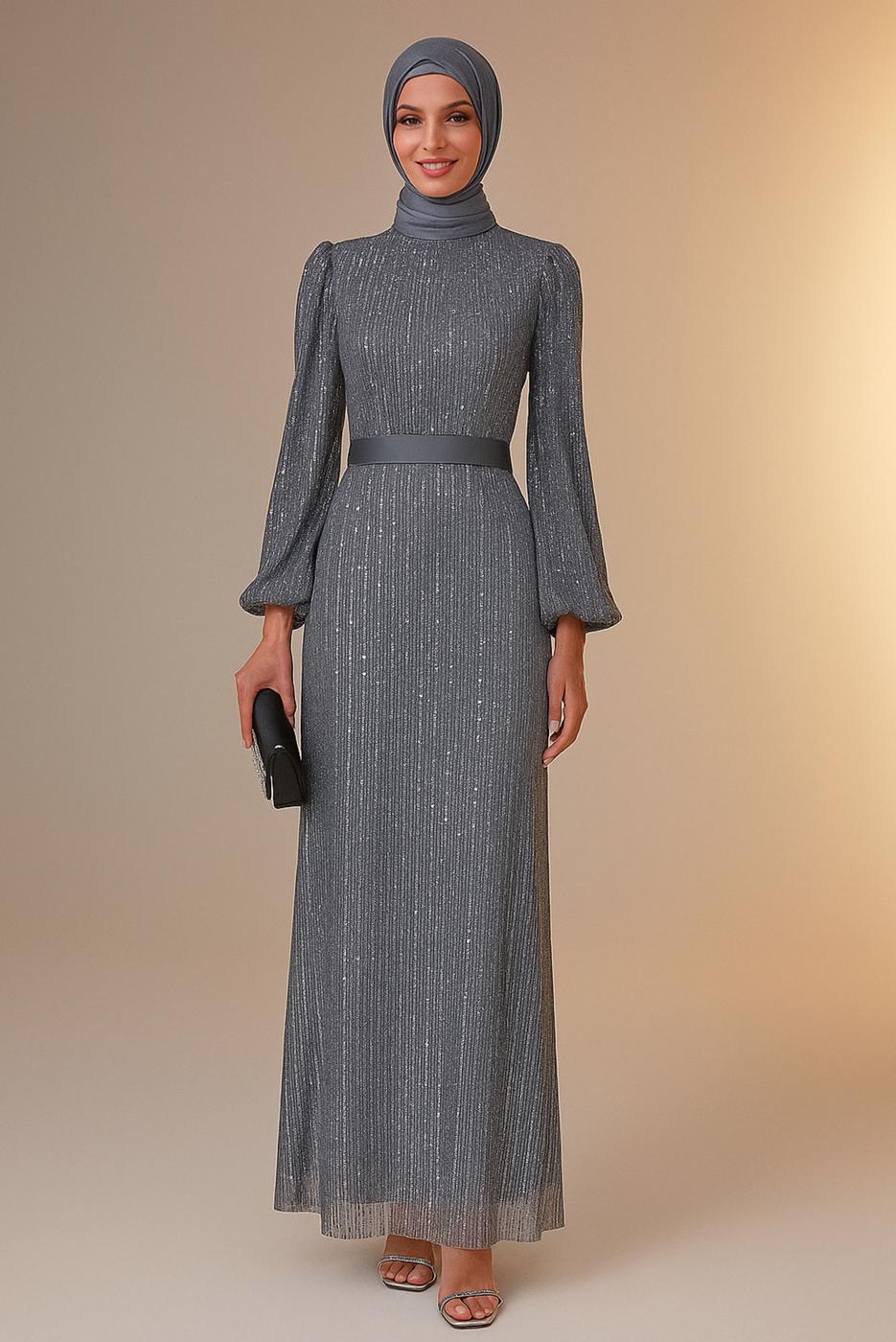 Tesettür giyim GRİ PUL PAYETLİ ABİYE ELBİSE T 5063