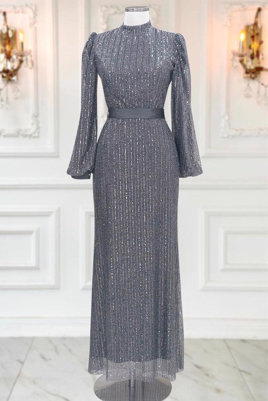 Tesettür giyim GRİ PUL PAYETLİ ABİYE ELBİSE T 5063