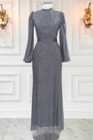 Tesettür giyim GRİ PUL PAYETLİ ABİYE ELBİSE T 5063