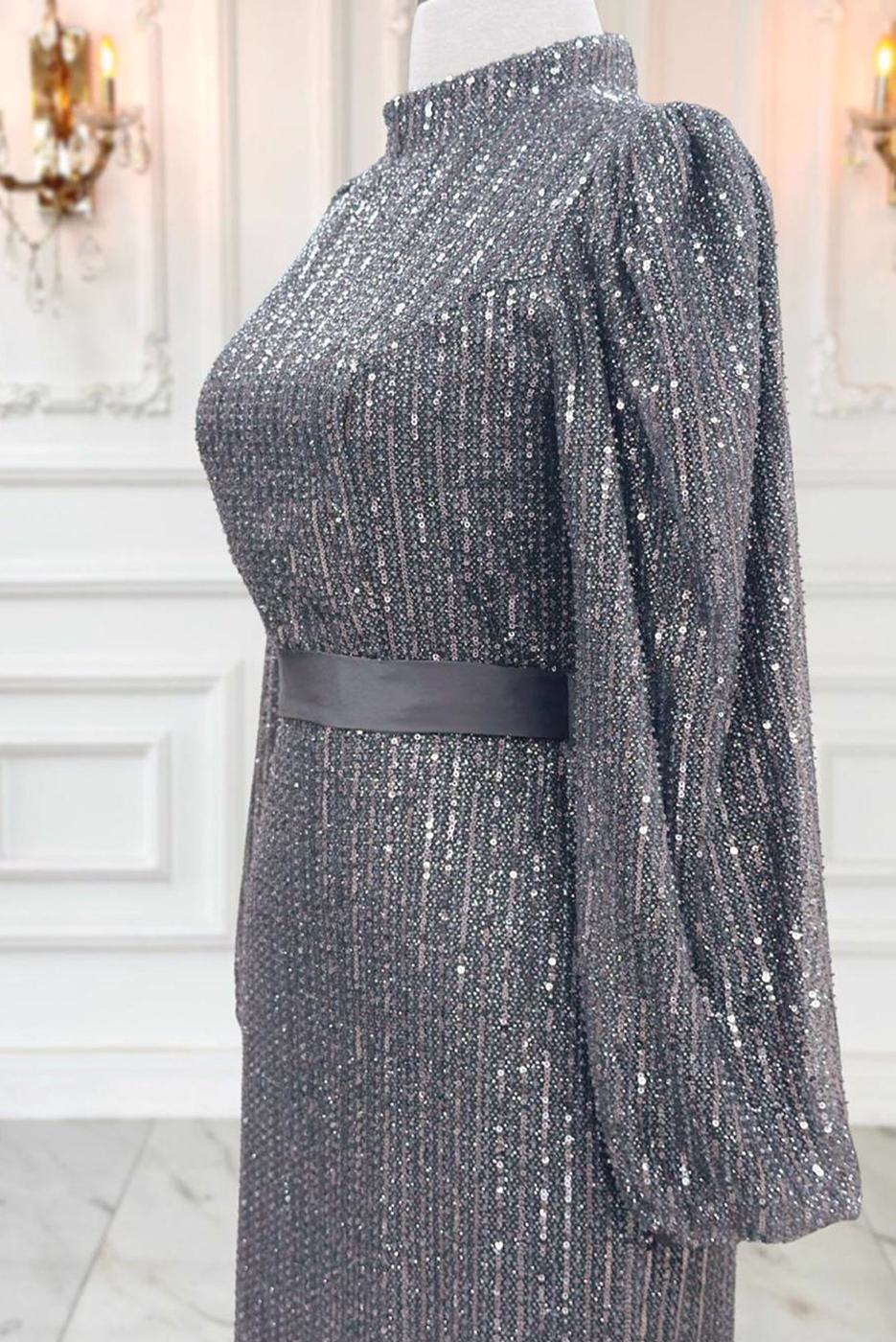 Tesettür giyim GRİ PUL PAYETLİ ABİYE ELBİSE T 5063