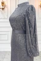 Tesettür giyim GRİ PUL PAYETLİ ABİYE ELBİSE T 5063