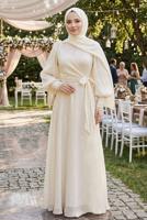 Tesettür giyim KREM BAĞLAMA DETAYLI ABİYE ELBİSE T 5163