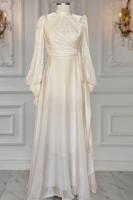 Tesettür giyim KREM BAĞLAMA DETAYLI ABİYE ELBİSE T 5163