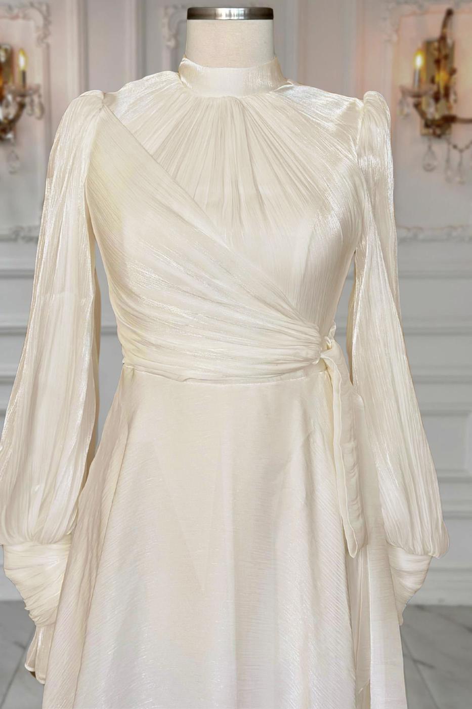 Tesettür giyim KREM BAĞLAMA DETAYLI ABİYE ELBİSE T 5163