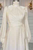 Tesettür giyim KREM BAĞLAMA DETAYLI ABİYE ELBİSE T 5163