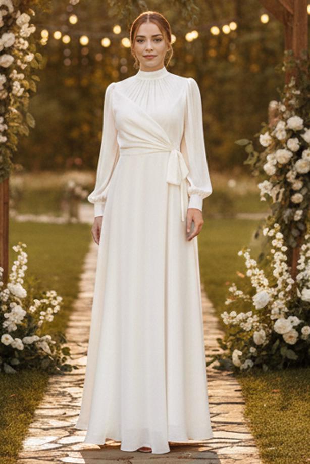 Hijab clothing BEIGE MODEST EVENING DRESS T 5163 - TRENDTESETTÜR