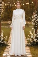 Tesettür giyim BEJ BAĞLAMA DETAYLI ABİYE ELBİSE T 5163