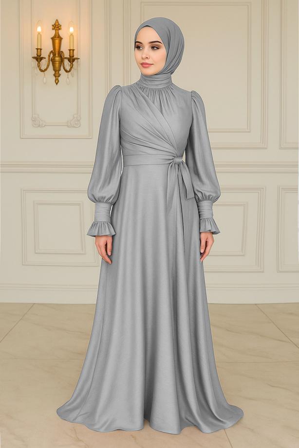 Vêtements hijab GRIS ROBE DE SOIRÉE MODESTE T 5163 - TRENDTESETTÜR