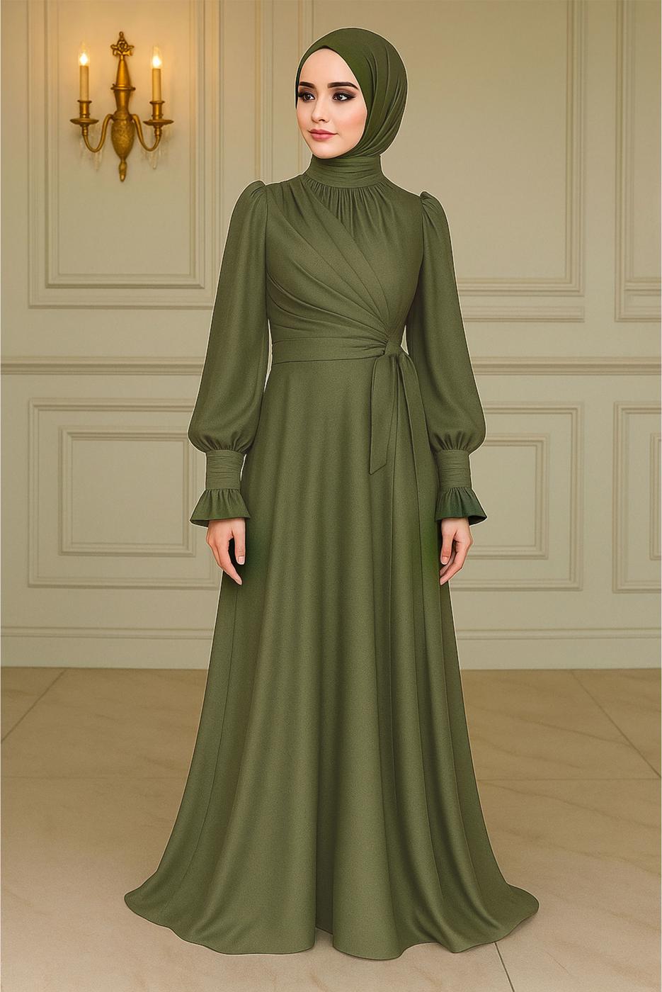 Tesettür giyim HAKİ BAĞLAMA DETAYLI ABİYE ELBİSE T 5163