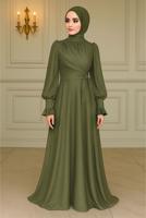 Tesettür giyim HAKİ BAĞLAMA DETAYLI ABİYE ELBİSE T 5163