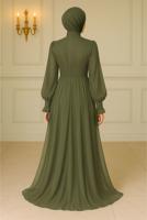 Tesettür giyim HAKİ BAĞLAMA DETAYLI ABİYE ELBİSE T 5163