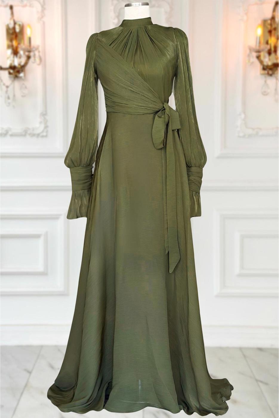 Tesettür giyim HAKİ BAĞLAMA DETAYLI ABİYE ELBİSE T 5163