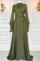 Tesettür giyim HAKİ BAĞLAMA DETAYLI ABİYE ELBİSE T 5163