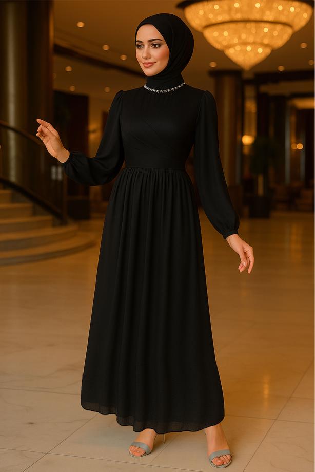 Vêtements hijab NOIR ROBE DE SOIRÉE MODESTE T 6063 - TRENDTESETTÜR