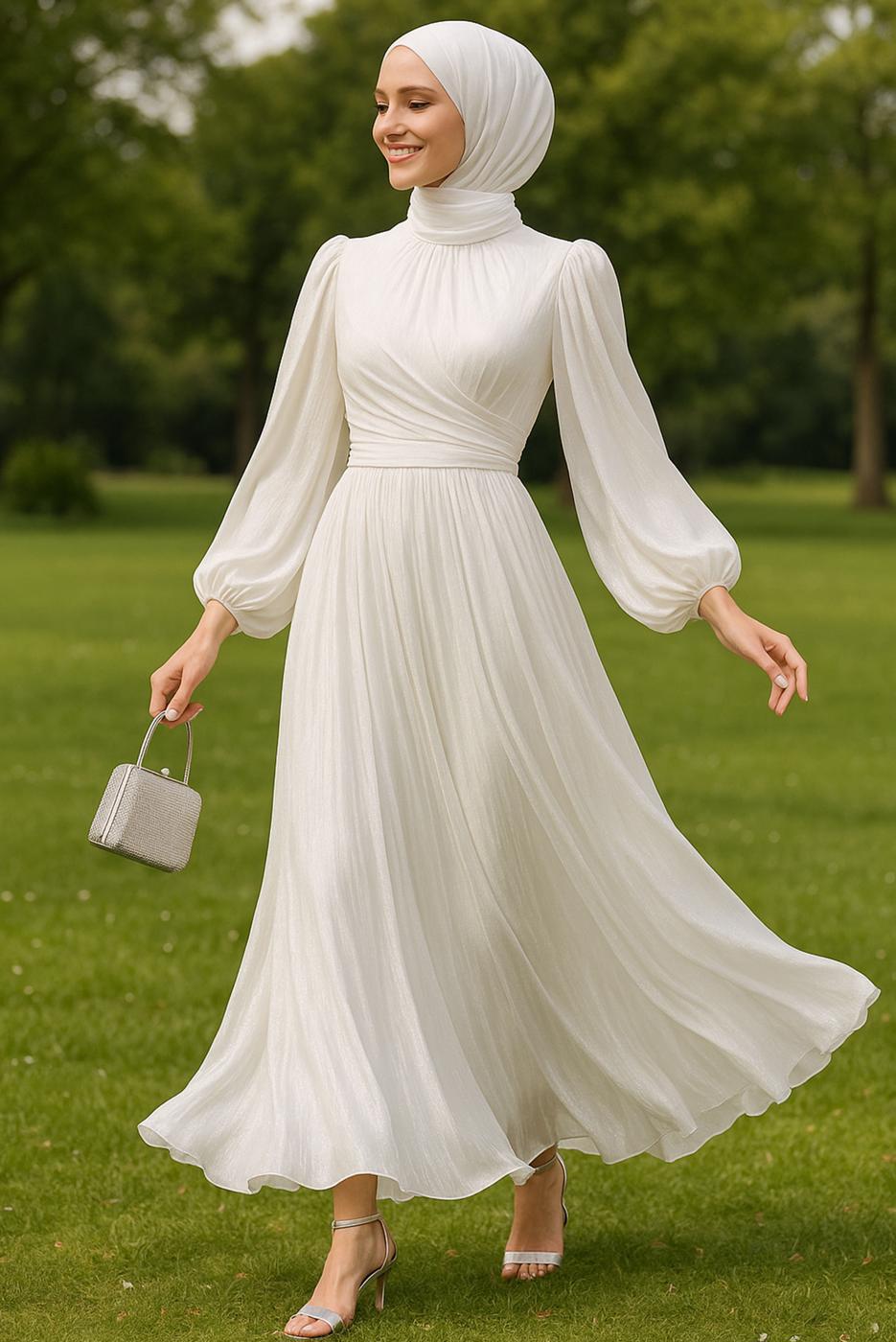 Tesettür giyim BEYAZ YAKASI TAŞLI ABİYE ELBİSE T 6063