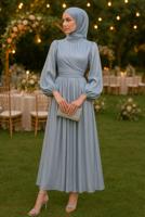 Tesettür giyim GRİ YAKASI TAŞLI ABİYE ELBİSE T 6063