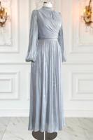 Tesettür giyim GRİ YAKASI TAŞLI ABİYE ELBİSE T 6063