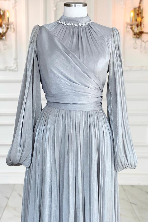 Vêtements hijab GRIS ROBE DE SOIRÉE MODESTE T 6063 - TRENDTESETTÜR