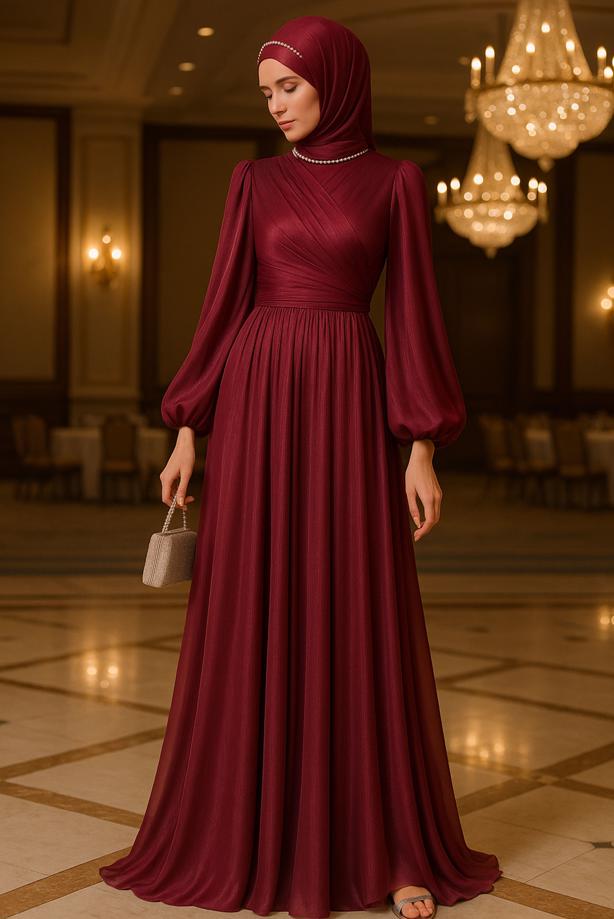 Vêtements hijab ROUGE BORDEAUX ROBE DE SOIRÉE MODESTE T 6063 - TRENDTESETTÜR