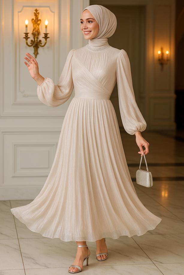 Vêtements hijab ÉCRU ROBE DE SOIRÉE MODESTE T 6063 - TRENDTESETTÜR