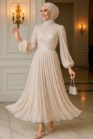 Tesettür giyim EKRU YAKASI TAŞLI ABİYE ELBİSE T 6063