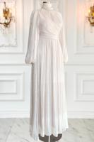 Tesettür giyim EKRU YAKASI TAŞLI ABİYE ELBİSE T 6063